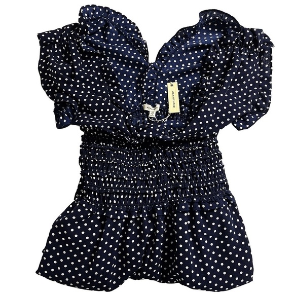 ✨NEW!✨ MAX STUDIO Women's Blue V-neck Polka Dot Shirred Waist Jumpsuit - XS - Picture 5 of 10